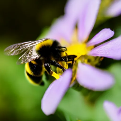 Image similar to a bumble bee made out of flowers sits on a finger, 5 0 mm lens, f 1. 4, sharp focus, ethereal, emotionally evoking, head in focus, volumetric lighting, blur dreamy outdoor,