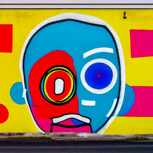 Prompt: wall with graffiti of man with one eye made with colored circles and lines, by Julien Durix