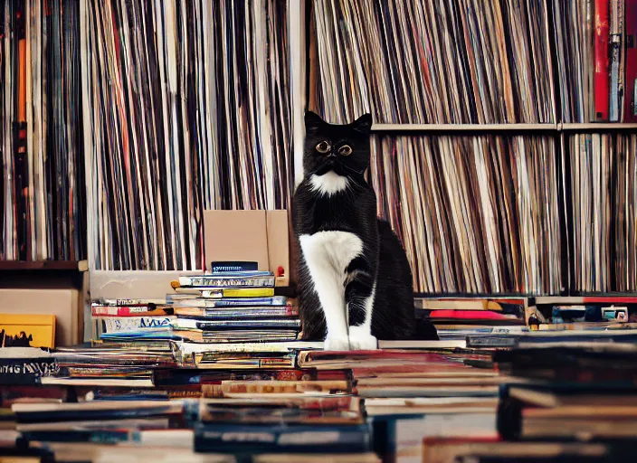 Image similar to photography of a Cat sitting on a pile of books and vinyls. a record player is in the shot. in a room full of vinyls and posters out of the 70's, photorealistic, raining award winning photo, 100mm, sharp, high res