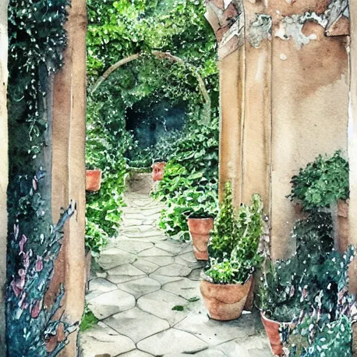 Prompt: delicate, garden, paved, botanic watercolors, iridescent, 8 k, realistic shaded, fine details, artstation, italian, chairs, iron gate, oak tree, pompeii