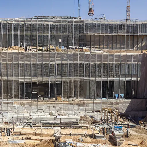 Prompt: the interior of the israeli parliament is outside in the middle of a building construction site, wide shot
