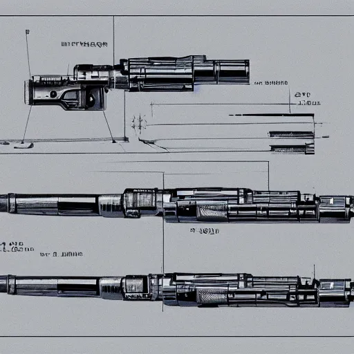 Image similar to blueprint of a laser space gun, technical draw, concept art, very detailed, 3 5 mm