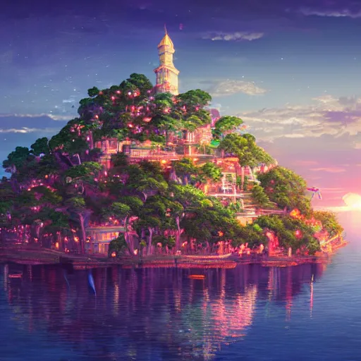 Image similar to the aesthetic view of the beautiful, grand, wistful, dreamy lonely island at dusk, hyperrealistic anime illustration by iralki nadar, colorful, extremely detailed, intricate linework, super sharp focus, bright colors, octopath traveler, studio ghibli, unreal engine 5 highly rendered, global illumination, radiant light, detailed and intricate environment