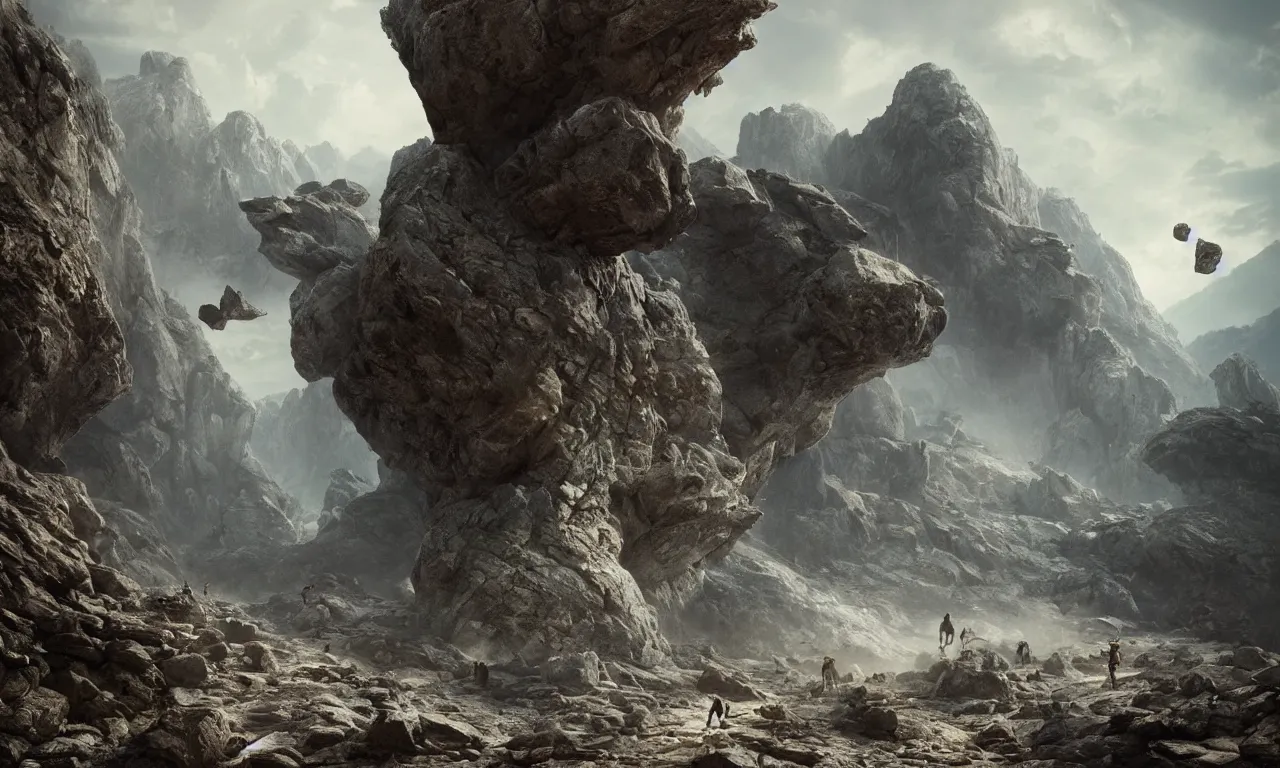 Image similar to creature made of rocks throwing rocks alpine valley. greg rutkowski, andreas achenbach, artgerm, mikko lagerstedt, zack snyder, tokujin yoshioka