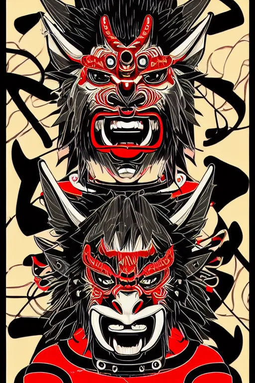 Prompt: some japanese guy wearing oni mask, and bring skateboard, hang out with homies. pop art, without duplicating image!!!, symmetrical, extreme details, digital painting, vector image, concept art, smooth, sharp focus, illustration, intricate, art by richard hamilton and mimmo rottela, pixels art by kirokaze and paul robertson