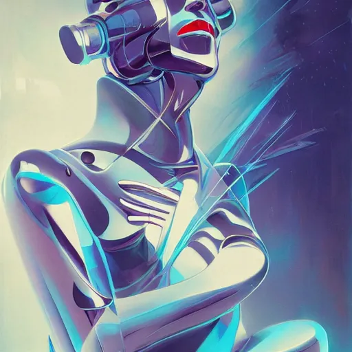 Image similar to scifi futurism automaton minimalism chrome by peter mohrbacher art Hajime Sorayama airbrush hyperrealism model abstract shatter fragments cubism futurism pastel blue soft flat minimal minimalism portrait face jackson pollock ukiyo-e lithograph mark ruthko swirl escape noise shimmer glow paint