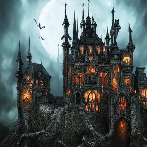 Image similar to gothic fantasy art, evil castle, ultra realistic, wide angle, intricate details, sharp focus, highly detailed,