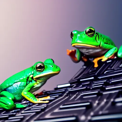 Prompt: a frog working as a software developer in an office, 8k, hyper realistic, render