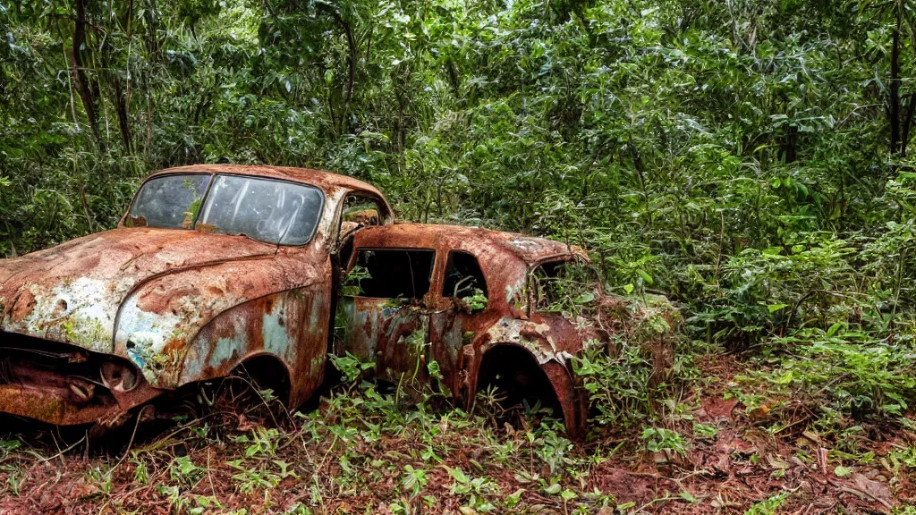 Image similar to A rusted car in a jungle