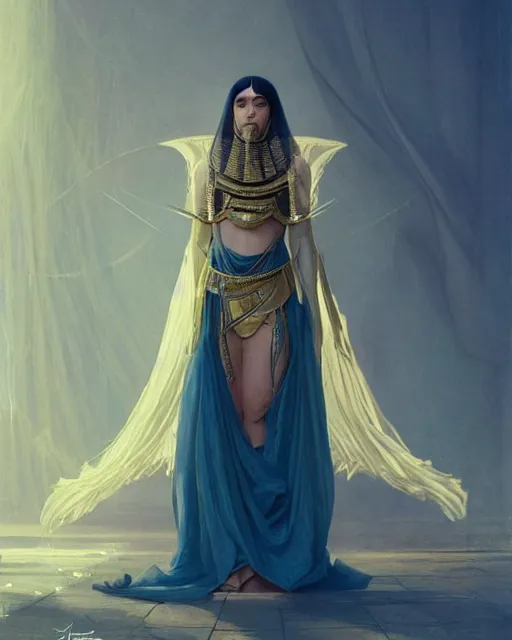 Image similar to Billie Eilish as a beautiful egyptian princess, gorgeous, portrait, Symmetrical, powerful, intricate, beautiful, masterpiece, elegant, volumetric lighting, highly detailed, artstation, sharp focus, no cropping, illustration, Jean-Leon Gerome , ruan jia