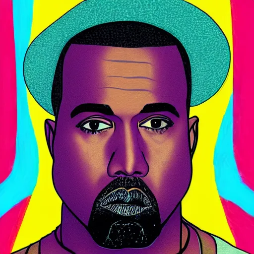 Prompt: illustration of kanye west wearing a birthday hat, colorful, artistic, vibrant, high fashion, art