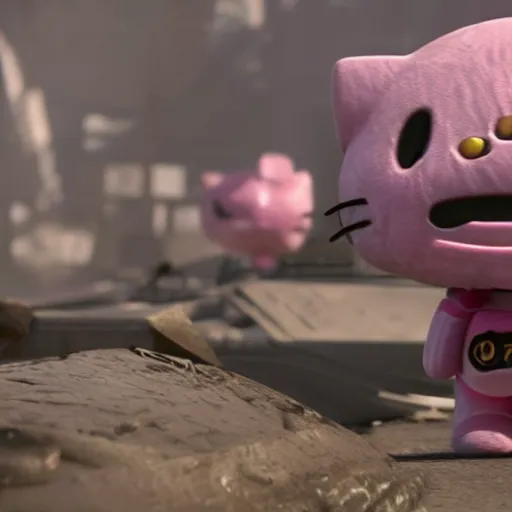 Image similar to hello kitty in gears of war, splash art, movie still, detailed face, cinematic lighting, colour, dramatic, octane render, long lens, shallow depth of field, bokeh, anamorphic lens flare, 8 k, hyper detailed, 3 5 mm film grain