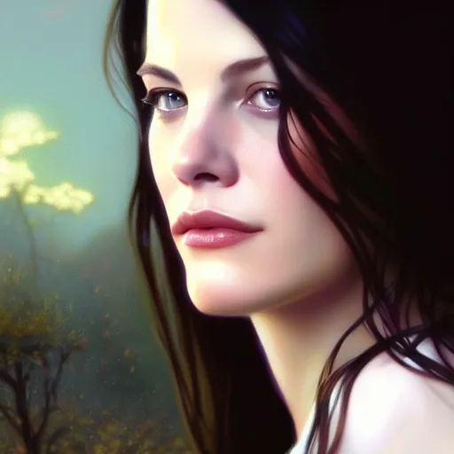 Image similar to beautiful digital painting of liv tyler background with high detail, 8 k, stunning detail, photo by artgerm, greg rutkowski and alphonse mucha, unreal engine 5, 4 k uhd