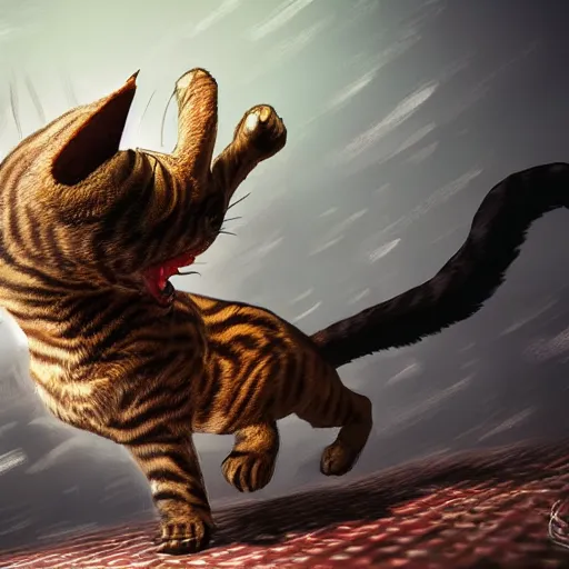 Image similar to deeply scared cat running away from the giant carnivorous sandwich, artstation hq, dark phantasy, stylized, symmetry, modeled lighting, detailed, expressive, true unsimulated emotions, created by hidetaka miyazaki, dark souls 3 artstyle