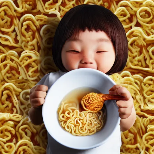 Prompt: a tiny man eating a gigantic bowl of ramen noodles, photorealistic, photograph