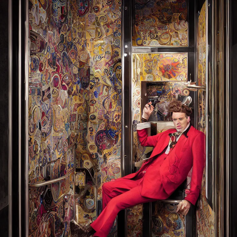 Image similar to vogue photoshoot octane render portrait by wayne barlow and carlo crivelli and glenn fabry, a handsome eccentric man in a bright colorful patterned pastel wes anderson elevator operator costume inside a dark and moody vintage elevator in a high - end exotic vintage boutique hotel, very short depth of field, bokeh