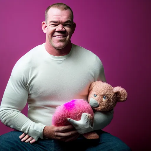 Image similar to professional portrait of Jocko Willink with pink dyed hair wearing a white sweater and holding a teddy bear in a bedroom full of boy band posters and colorful decorations, 8k, dslr,