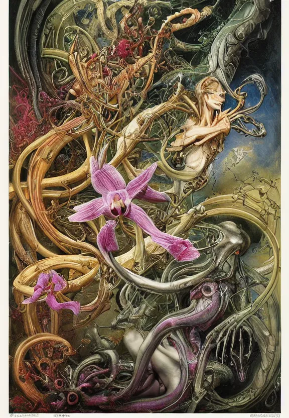 Image similar to simplicity, elegant, colorful muscular eldritch orchids, lilies, flowers, bodies, neon, radiating, honeybees, mandalas, by h. r. giger and esao andrews and maria sibylla merian eugene delacroix, gustave dore, thomas moran, pop art, giger's biomechanical xenomorph, art nouveau