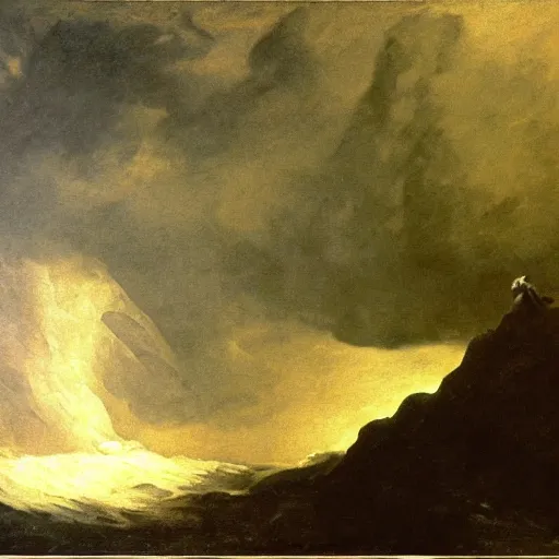 Image similar to goya the colossus painting, towering stone man, atmospheric haze, stormy, tundra, hudson river school, princess in foreground, large scale