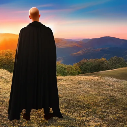 Image similar to man with a black cape on a hill mountains in background sunrise, realistic, detailed