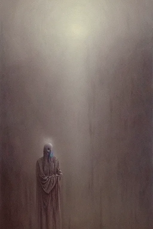 Image similar to hyper realistic painting of the eerie fog, ghost, creepy atmosphere, unnerving brushstrokes wayne barlowe, beksinski, hr giger, austin osman spare, bussiere