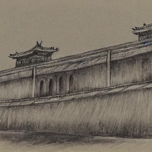 Prompt: A sketch of the old great walls of Nanjing city in China.