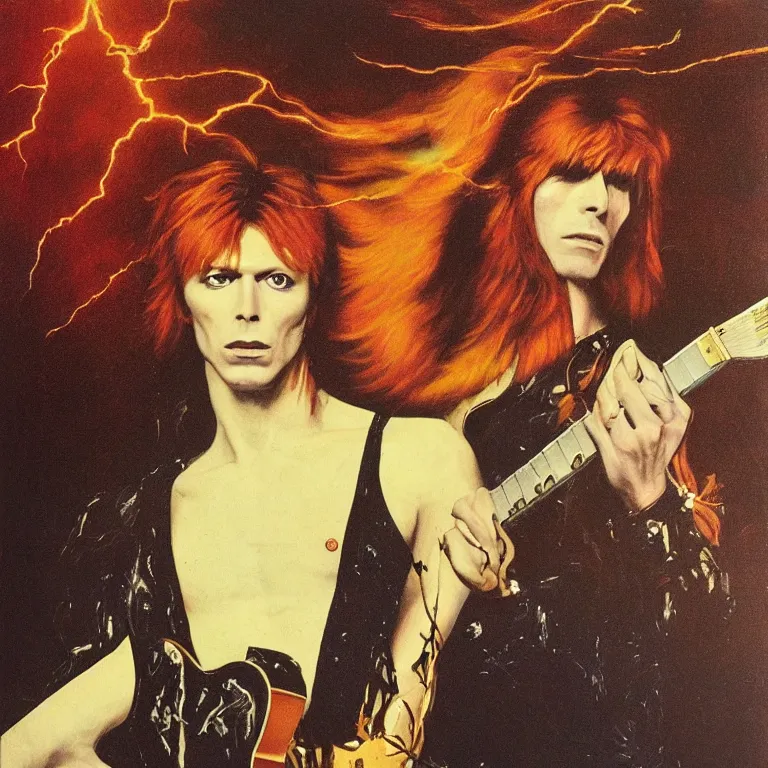Image similar to Pre-Raphaelite portrait of 1970s David Bowie, ziggy stardust playing flying V guitar, single lightning strike in background. Flash Gorden