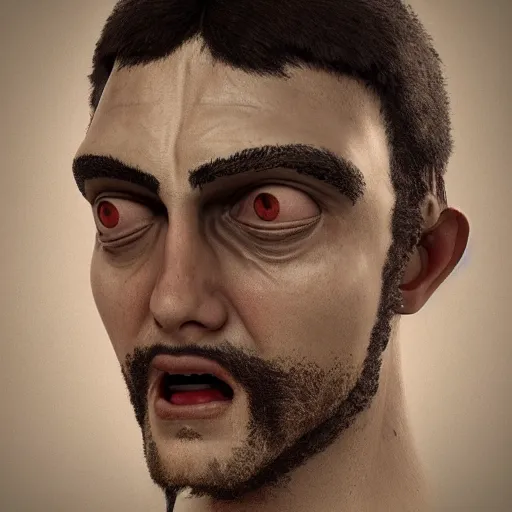 Image similar to a 3 / 4 portrait of a crazy eyed greek god, by antonio mello, 3 d nft, cgsociety, rendered in maya