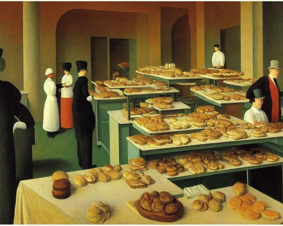 Image similar to achingly beautiful painting of a sophisticated, well - decorated bakery kitchen by rene magritte, monet, and turner.