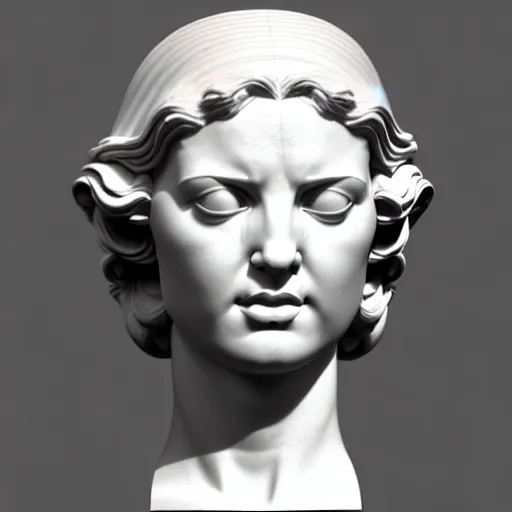 Prompt: 3 d sci - fi cgartist ambient occlusion rendering of a hyper realistic marble greek statuary godess head product photo bright white backdrop high key anaglyph colored lighting by chris moore, by edward hopper, by col price, trending on artstation