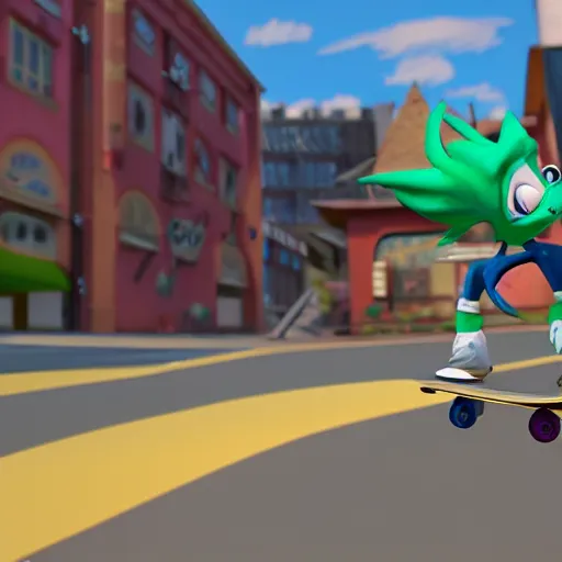 Image similar to a cartoon character riding a skateboard down a street, a screenshot by Seuss Dr, polycount, hurufiyya, ps1 graphics, playstation 5 screenshot, xbox 360 graphics