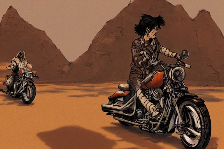 Prompt: criminal riding a harley davidson in a desert road, cowboy shot, perspective, art by satoshi kon, soft colors