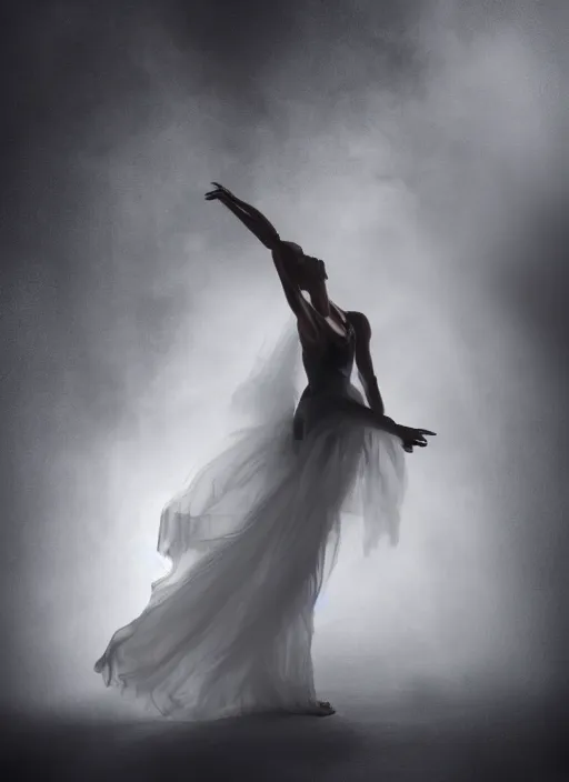 Image similar to a photorealistic dramatic hyperrealistic render of a glamorous beautiful female smoke dancer by ken brower and deborah ory of nyc dance project, lois greenfield, flowing cloth and smoke, beautiful dynamic dramatic dark moody lighting, volumetric, shadows, cinematic atmosphere, octane render, 8 k