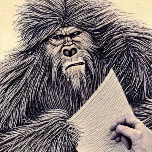 Image similar to a high detailed realistic photo of a long haired yeti writing on parchment with a quill in a windy snowstorm with fur being blown in the wind