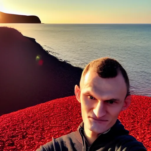 Image similar to vitalik buterin on a red beach taking a selfie