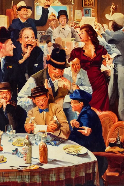 Prompt: eating the crumbs that fall from the rich man's table, an ultrafine detailed painting by john philip falter, shutterstock, american scene painting, movie still, concert poster, poster art