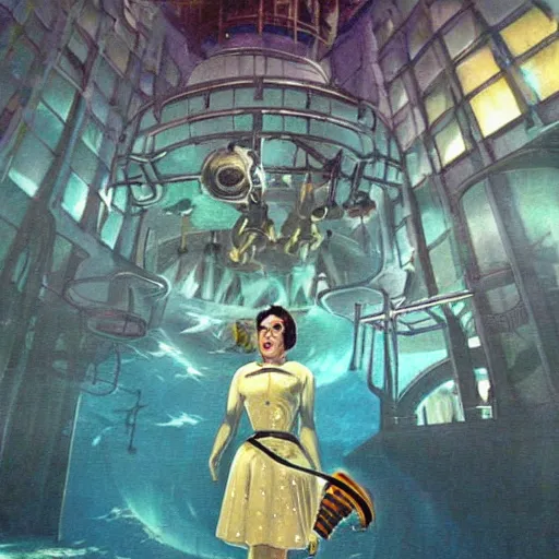 Prompt: bioshock underwater city, 1 9 5 0 s sci - fi art