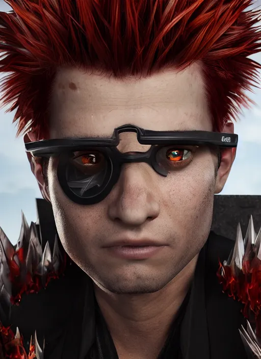 Image similar to An epic fantasy comic book style portrait painting of young man with long red spiked hair. Wearing a black waistcoat, white shirt, using googles. Blasting fire on his hands. Unreal 5, DAZ, hyperrealistic, octane render, cosplay, RPG portrait, dynamic lighting