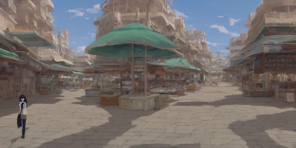 Image similar to empty arabian marketplace with no people by makoto shinkai