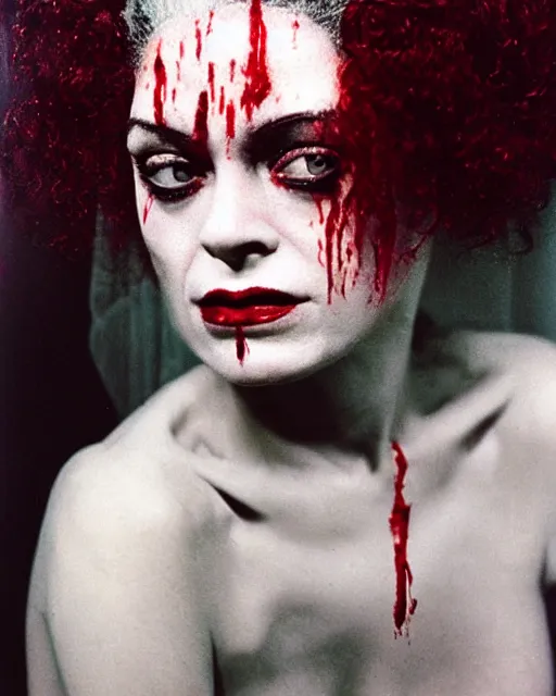 Image similar to an instant photo of a beautiful but sinister bride of frankenstein in layers of fear, with haunted eyes and curly hair, 1 9 7 0 s, seventies, delicate embellishments, a little blood, crimson, painterly, offset printing technique, mary jane ansell