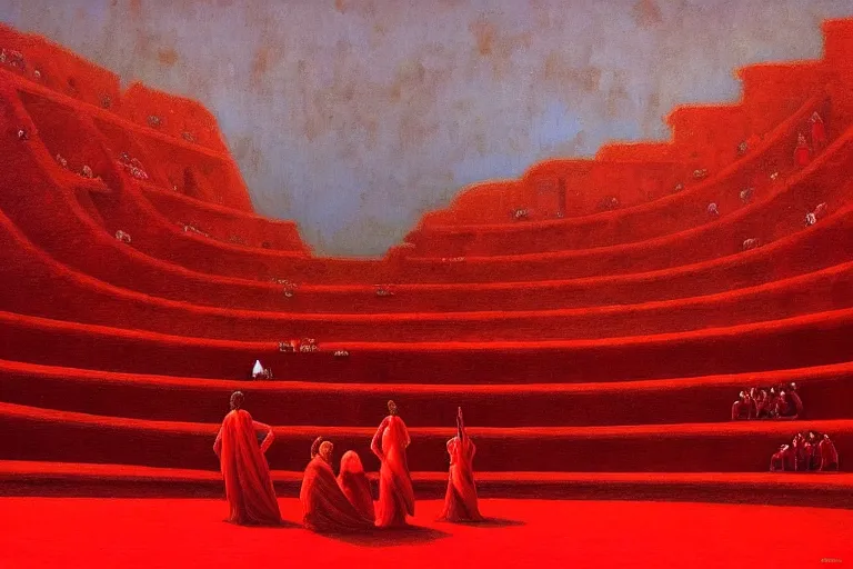 Image similar to only with red, a red great emperor, taormina amphitheatre, expressive crowd with big smile, in the style of beksinski, parts by edward hopper, parts by rodcenko, parts by yue minjun, intricate and epic composition, red by caravaggio, insanely quality, highly detailed, masterpiece, red light, artstation, 4 k