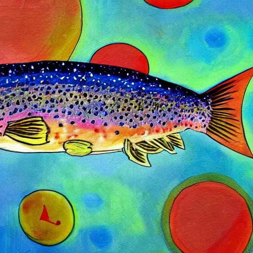 Prompt: a painting of a trout swimming in outer space, naushadarts