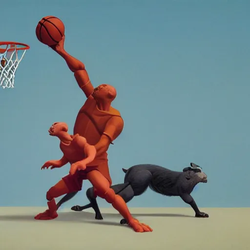 Image similar to action figure animals playing basketball, by kawase hasui, Edward Hopper and James Gilleard, Zdzislaw Beksinski, Steven Outram colorful flat surreal design, hd, 8k, artstation