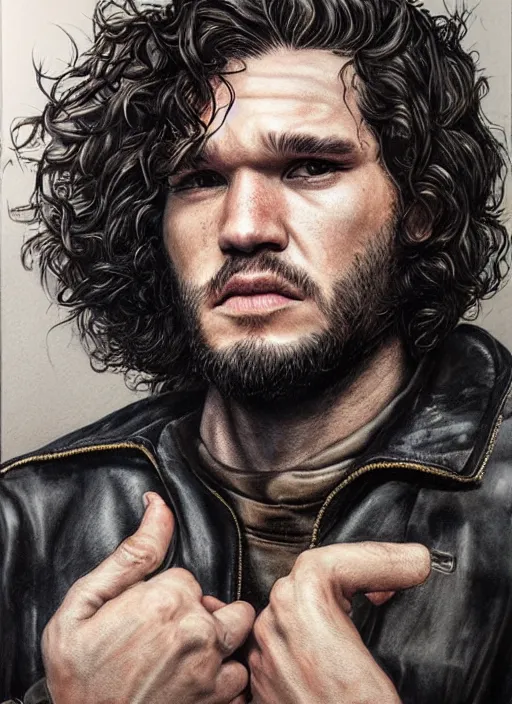 Prompt: portrait of kit harrington, gritty, dark, wearing a leather jacket, hairy chest, very detailed eyes, hyperrealistic, very detailed painting by Glenn Fabry, by Joao Ruas, by Artgerm