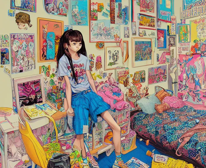 Prompt: highly detailed colorful illustration of a teenager in her room in the 9 0's, clean shaped illustration by kim jung gi, ron english and eiichiro oda