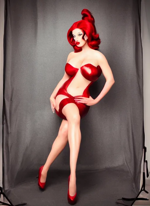 Image similar to Real life Jessica Rabbit, photoshoot, studio lighting