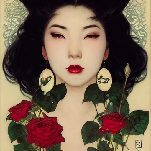 Prompt: portrait of a very beautiful japanese vampire, top half of body, upset expression, by Stanley Artgerm Lau, greg rutkowski, thomas kindkade, alphonse mucha, loish, norman rockwell, J. C. Leyendecker. black hair, dark skin, detailed eyes, red lips, small earrings. rose frame. Trending on artstation rule of thirds extremely detailed illustration hd 4k