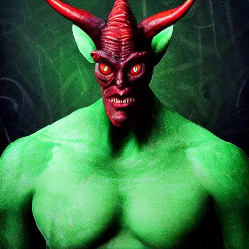 Image similar to realistic alien, medium shot portrait, devil horns,,!!!!! human eyes!!!!!!, green body. red eyes, background flames