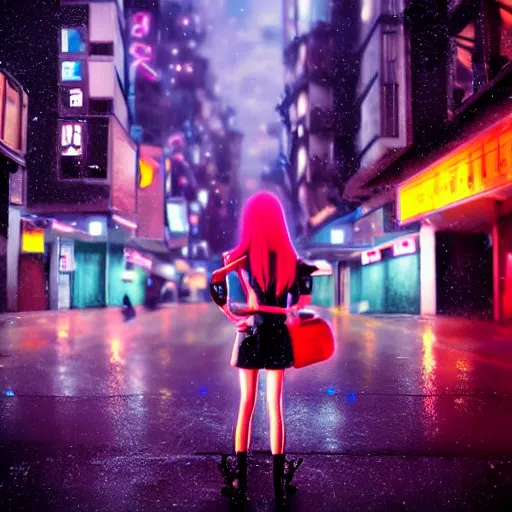 Prompt: anime girl intimidating look sharp blade looking into camera rain glowing city neon night, ghibli style