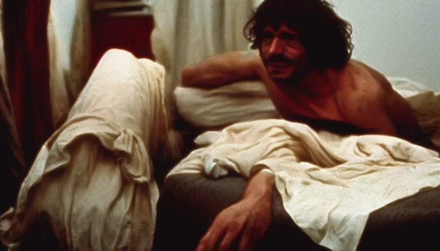 Prompt: 1 9 7 0 s movie still of jean - paul marat, cinestill 8 0 0 t 3 5 mm, high quality, heavy grain, high detail, panoramic, cinematic composition, dramatic light, ultra wide lens, anamorphic